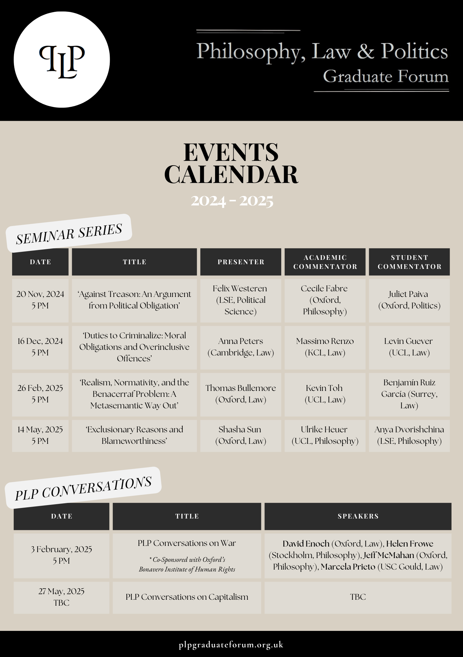 PLP Events Calendar 2024-2025